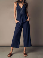 Navy Lace-Trim V-Neck Button Camisole & Wide-Leg Pants Set