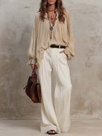 Vintage Ruffle Cuffs Chiffon Blouse And Pants Set