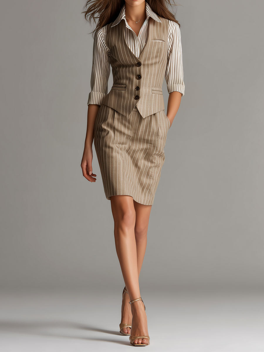 Vintage Beige Pinstripe Tailored Waistcoat & Pencil Skirt Set