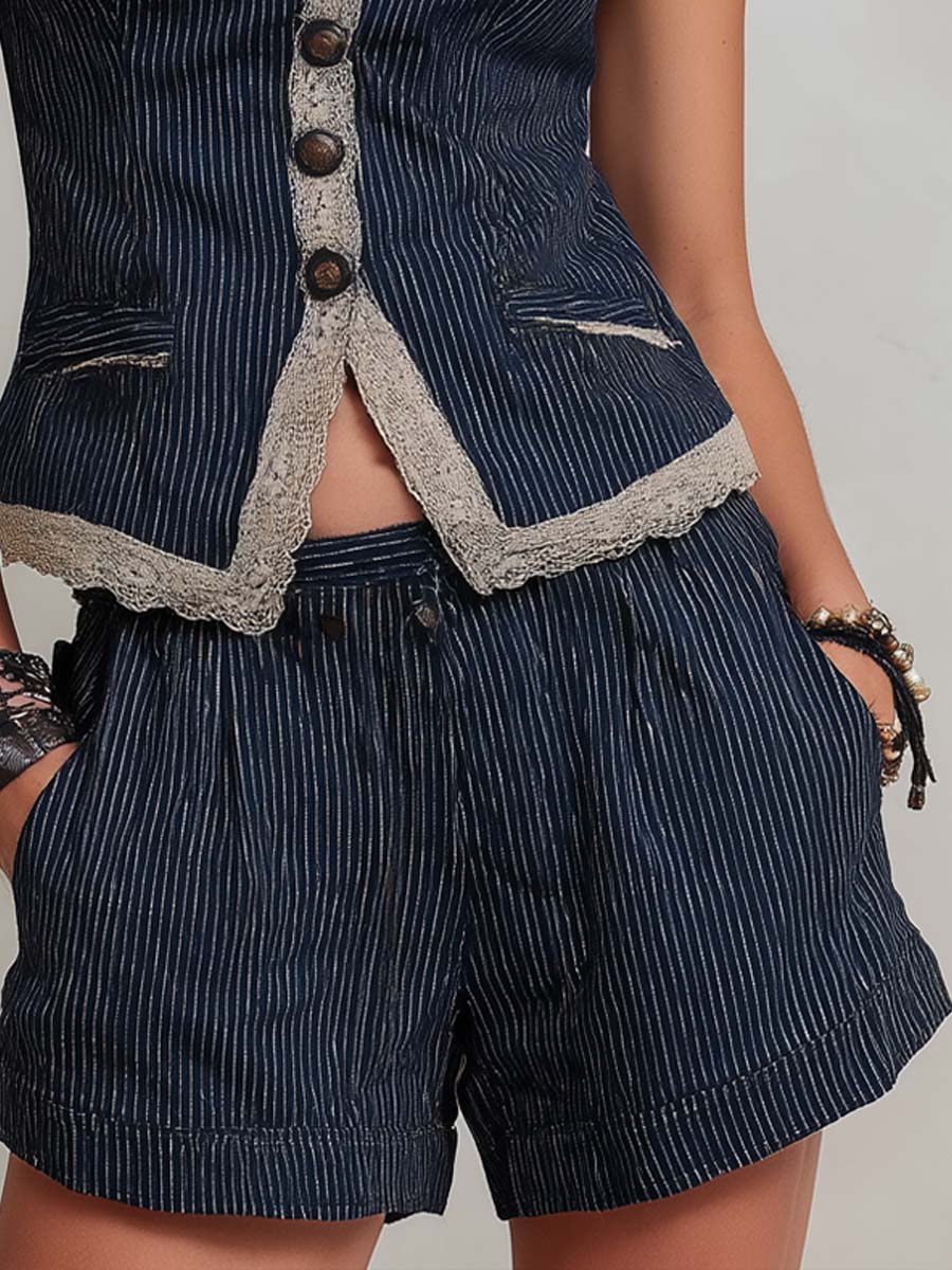 Retro Striped Vest And Shorts Set
