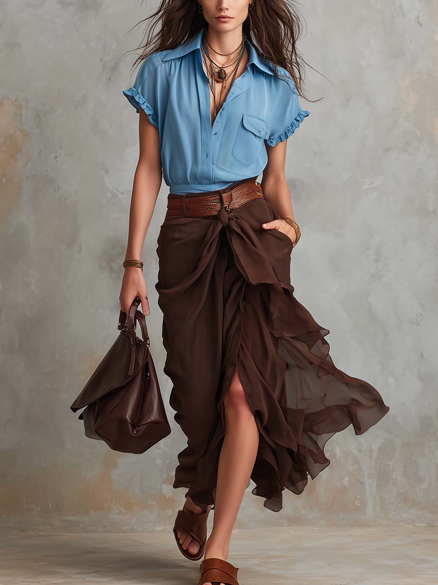 Retro-style Ruffled Cuff Blouse And Wrap Skirt Two-piece Set